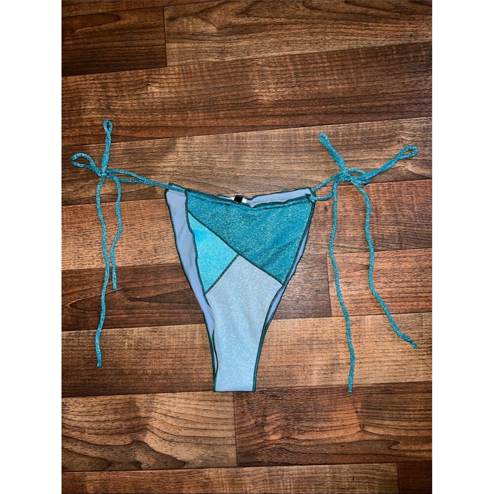 PrettyLittleThing Blue Teal Metallic Patchwork Tie-Side Bikini Bottom